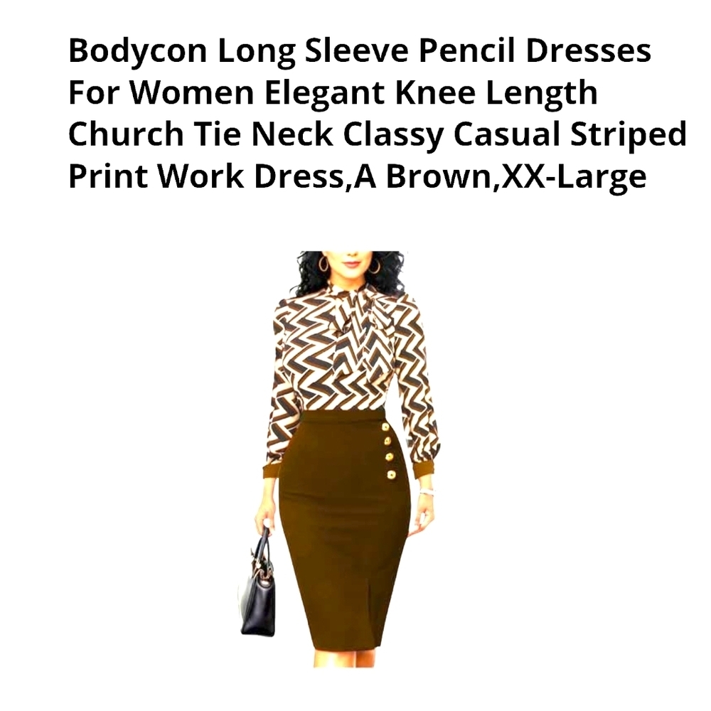 KNOLT - XX-L Classy Casual Striped Print Work Dress (A Brown) - Picture 8 of 10